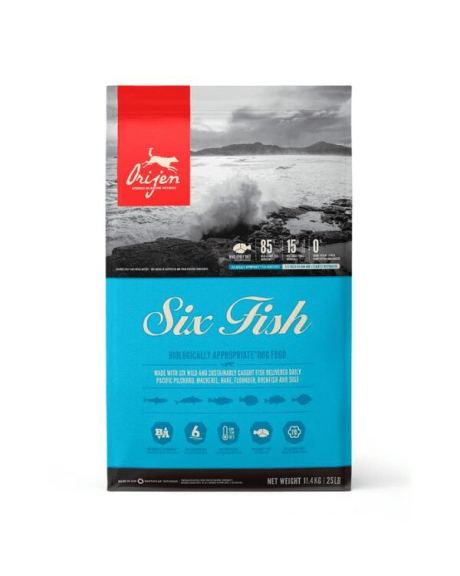 Orijen Dry Six Fish se elabora principalmente con pescado como fuente de proteínas y patatas como única fuente de carbohidratos.