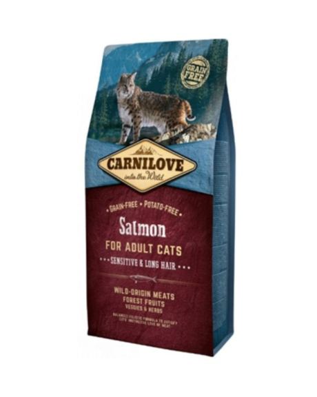 Carnilove Cat Adult Sensitive & Long Hair Salmón es un alimento formulado sin cereales y sin patatas para gatos adultos con digestión sensible y gatos de pelo largo.