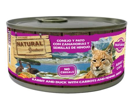 Natural Greatness Conejo y Pato con Zanahorias y Semillas de Hinojo 185g alimento húmedo para gatos.
