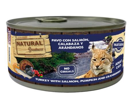 Natural Greatness Pavo con Salmón, Calabaza y Arándanos 185g alimento húmedo para gatos.