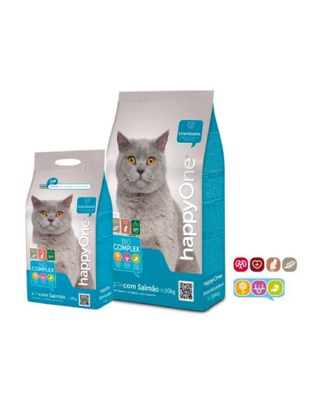 HappyOne Gato Esterilizado es un alimento completo para gatos adultos esterilizados, con salmón y bajo en calorías.