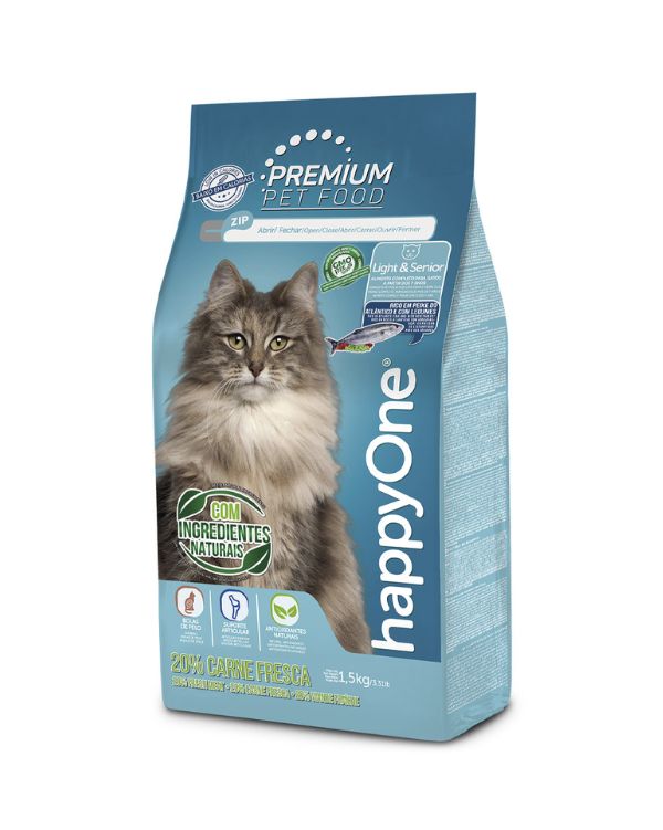 HappyOne Premium Gato Light & Senior es un alimento completo para gatos adultos mayores de 7 años.