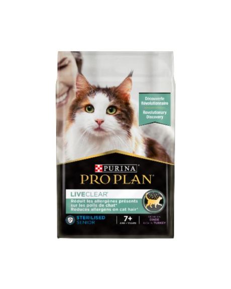 Pro Plan Gato Liveclear Pavo Sterilized Adult 7+ es un alimento para gatos esterilizados mayores que proporciona una nutrición excelente para el día.