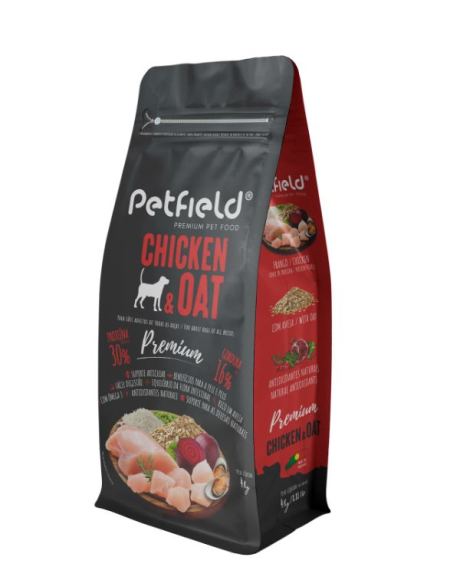 Petfield Premium Pollo y Avena es un alimento completo formulado para perros adultos de todas las razas.