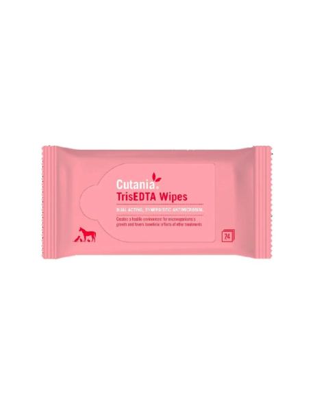 Cutania TrisEDTA Wipes son toallitas dermatológicas con acción alcalinizante para la salud de la piel de Perros, Gatos, Exóticos y Equinos.