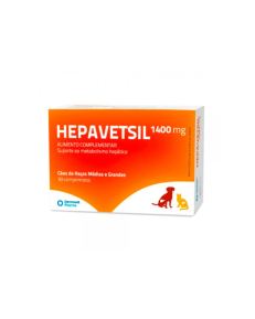 Hepavetsil 1400 mg es un soporte nutricional para la función hepática, para perros de razas medianas y grandes, apetecible, con sabor a hígado.