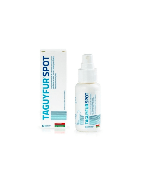 Taguyfur Spot Spray - Inflamaciones cutáneas es una solución de aplicación tópica, apoyando las acciones de tratamiento en situaciones de pioderma, eccema, prurito e inflamación cutánea de la piel de perros y gatos.