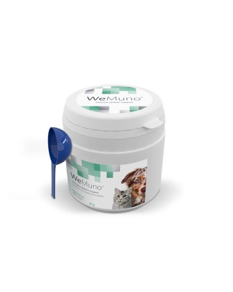 WeMuno - Immune System Support es un alimento complementario para perros y gatos, creado para apoyar el sistema inmunológico. Contiene extracto de Ashwagandha, Shiitake, Curcumina y Té Verde, que tienen como objetivo restaurar el sistema inmunológico y proporcionar una fuente de vitaminas, minerales, hierro y selenio para aumentar la energía y la vitalidad.