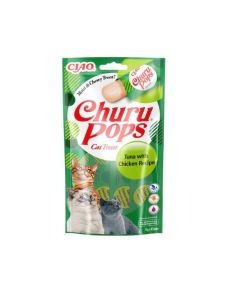 Los Churu Pops son una versión ligeramente más masticable del irresistible puré. Perfecto para gatos que están demasiado emocionados para tragar Churu o que necesitan comer un poco más lento. Cada pack contiene 4 tubos de Churu Pops de 15g cada uno.