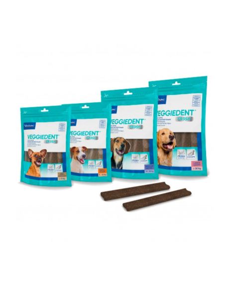 Veggiedent Fr3Esh Snack Dental Vegetariano para Perros es un sabroso alimento complementario para perros. Control de la formación de sarro y placa dental.