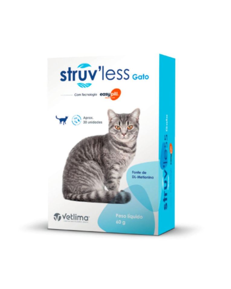 Struv'less Gato está formulado con DL-metionina para acidificar la orina y ayudar a disolver los cálculos de estruvita.