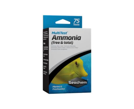 Este kit Seachem Multitest Amonia contiene amoníaco total (NH 3 y NH 4 +) y libre (solo NH 3) hasta menos de 0,05 mg/L y prácticamente no presenta interferencias en agua dulce y salada.