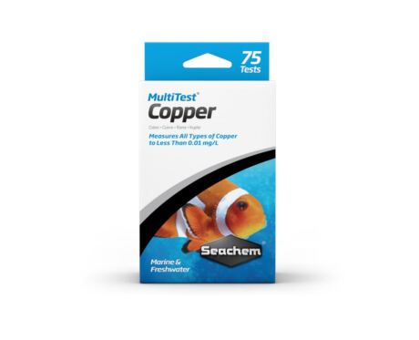 Seachem MultiTest Copper realiza más de 75 pruebas y contiene una muestra de referencia para su validación.
