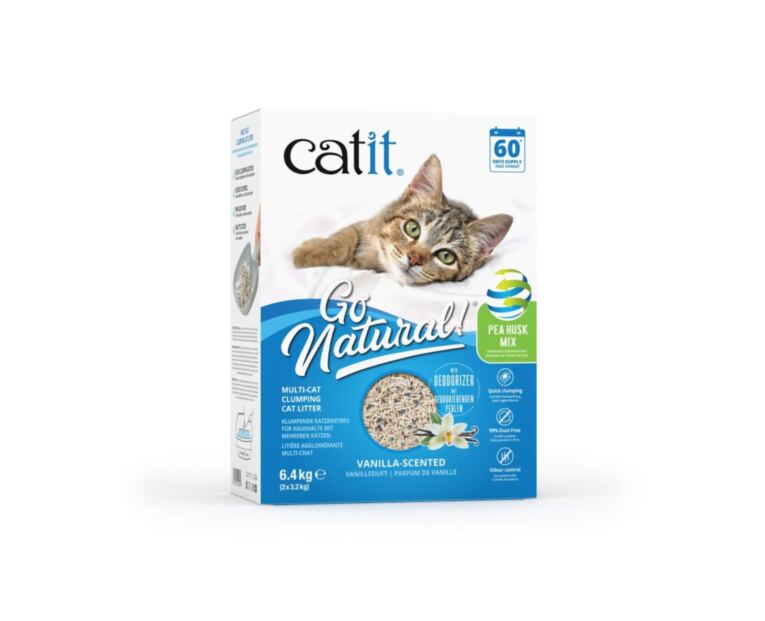 Arena Mixta de Bentonita y Cáscaras de Guisante - Catit Go Natural a diferencia de muchas arenas minerales para gatos