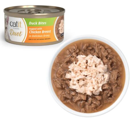 Catit Cuisine Duet Bocaditos de Pato con Pollo en Caldo Natural 75 g es una comida húmeda premium para gatos,