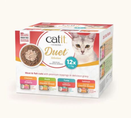 Catit Cuisine Duet Pack 12 x 75g es una comida húmeda premium para gatos, elaborada con ingredientes naturales y de alta calidad.