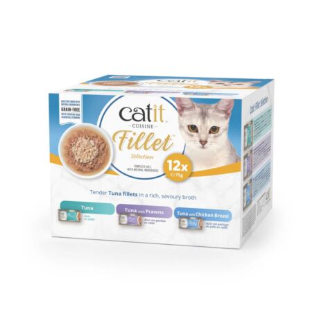 El Catit Cuisine Fillet Pack Pollo es una línea premium de comida húmeda para gatos, compuesta por tiras desmenuzadas de carne pura (pollo o atún) servidas en un caldo nutritivo.