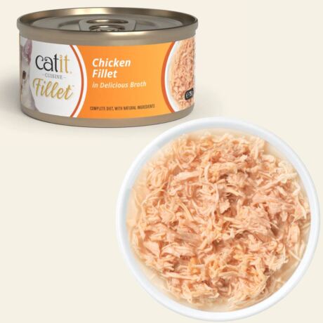 Catit Cuisine Fillet Pollo Desmenuzado en caldo 75 g es una deliciosa recompensa natural, elaborada con filetes enteros de pollo de alta calidad.