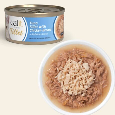 Catit Cuisine Fillet Atún con Pollo en caldo 75 g es una deliciosa recompensa natural, elaborada con filetes enteros de pescado de alta calidad.