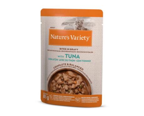 Alimento húmedo Nature's Variety Bites in Gravy Gato Adulto Atún y Vegetales sobre 85g.