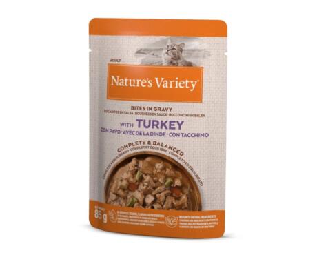 Alimento húmedo Nature's Variety Bites in Gravy Gato Adulto Pavo y Vegetales sobre 85g.