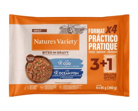 Multipack Nature's Variety Gato Adulto Bacalao y Pescado del Océano con Tomate y Judías verdes 4 x 85g.