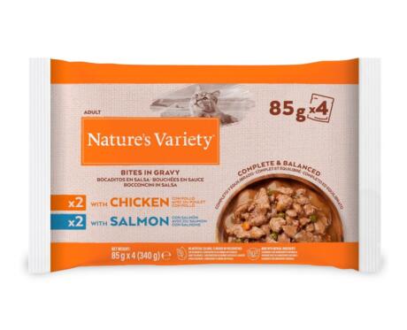 Multipack Nature's Variety Gato Adulto Pollo y Salmón con Zanahoria y Guisantes 4x85g.