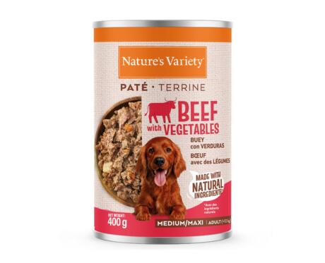 Lata de Paté Nature's Variety Medium Maxi Vaca 400g para cão de porte médio e grande sem cereais.