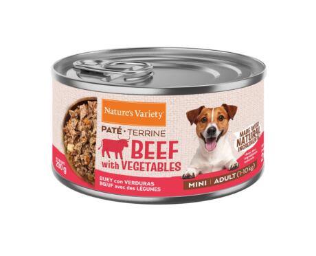 Lata de Paté Nature's Variety Mini Buey y Verduras 200g para perro pequeño.