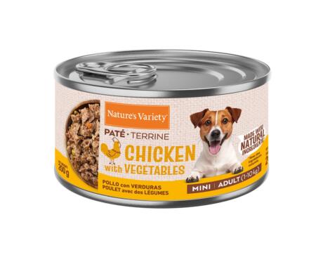 Lata de Paté Nature's Variety Mini Pollo y Verduras 200g para perro pequeño.