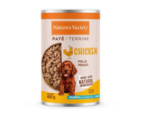 Lata de Paté Nature's Variety Puppy Medium Maxi Pollo 400g para cachorro de tamaño mediano y grande.