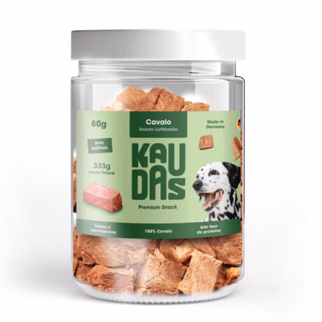 Tarro de snacks liofilizados de carne de caballo natural Kaudas de 80g para perros.