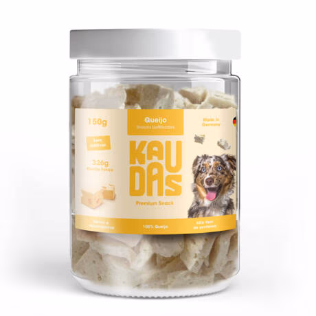 Bolsa de snacks liofilizados de queso Kaudas de 150g en dados crujientes naturales para perros.