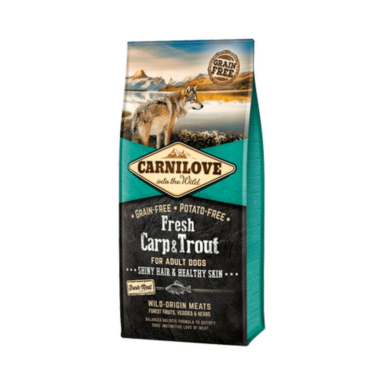 Carnilove Fresh Carp & Trout es un alimento completo, con carne fresca, sin cereales y sin patatas, apto para perros adultos de todas las razas.